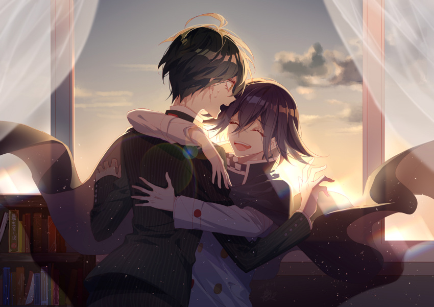 2boys ahoge black_cape black_hair bookshelf buttons cape closed_eyes cloud danganronpa_(series) danganronpa_v3:_killing_harmony eyelashes flipped_hair gradient_sky grey_sky hair_between_eyes happy hug indoors lens_flare light_particles long_sleeves looking_at_another male_focus multiple_boys oma_kokichi open_mouth orange_sky pinstripe_pattern pinstripe_suit purple_hair saihara_shuichi shiozakana short_hair sky suit sunset surprised sweatdrop transparent_curtains upper_body window yaoi yellow_eyes