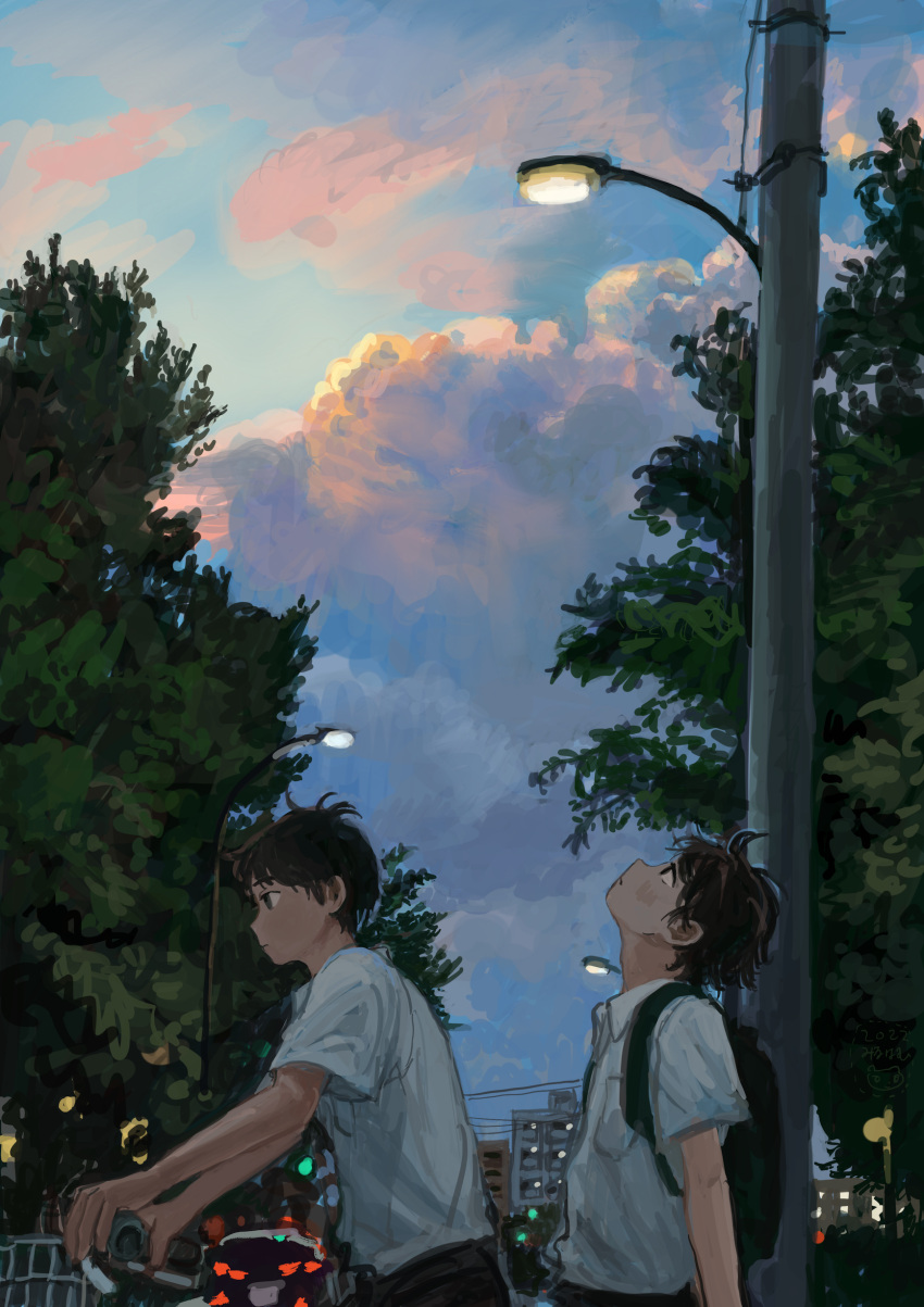 2boys absurdres backpack bag bicycle black_eyes black_hair blue_sky building city cloud cloudy_sky collared_shirt commentary evening from_side highres lamppost looking_ahead looking_up male_focus minahamu multiple_boys original outdoors pocket profile riding riding_bicycle scenery shirt short_hair short_sleeves sky tandem_bicycle tree upper_body utility_pole white_shirt