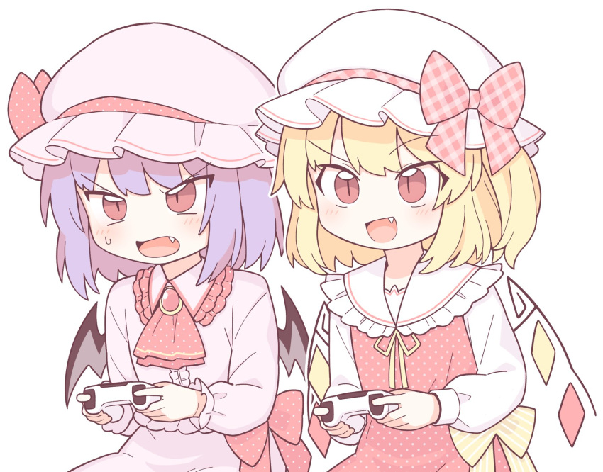 2girls :d ascot bat_wings blonde_hair bow center_frills commentary_request controller crystal dress fang flandre_scarlet frilled_sleeves frills game_controller hat hat_bow highres holding holding_controller holding_game_controller long_sleeves looking_at_viewer medium_hair mob_cap multiple_girls oninamako open_mouth playing_games purple_hair red_ascot red_dress red_eyes remilia_scarlet ribbon shirt siblings simple_background sisters slit_pupils smile sweatdrop touhou upper_body v-shaped_eyebrows white_background white_hat white_shirt wings yellow_bow yellow_ribbon