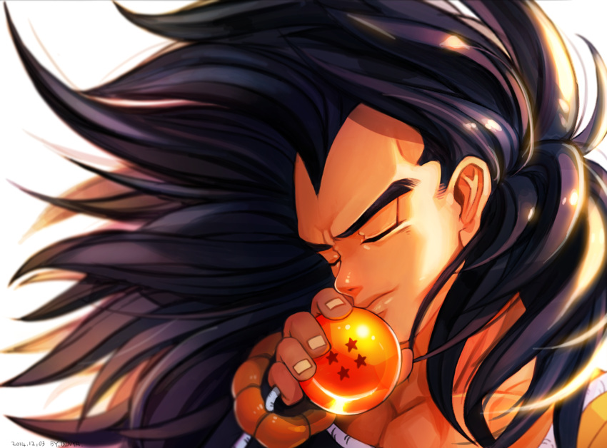artist_request black_hair close-up closed_eyes dated dragon_ball dragon_ball_(object) dragon_ball_z face fingernails floating_hair glowing hand_to_own_mouth highres light_smile long_hair male_focus raditz simple_background upper_body very_long_hair white_background