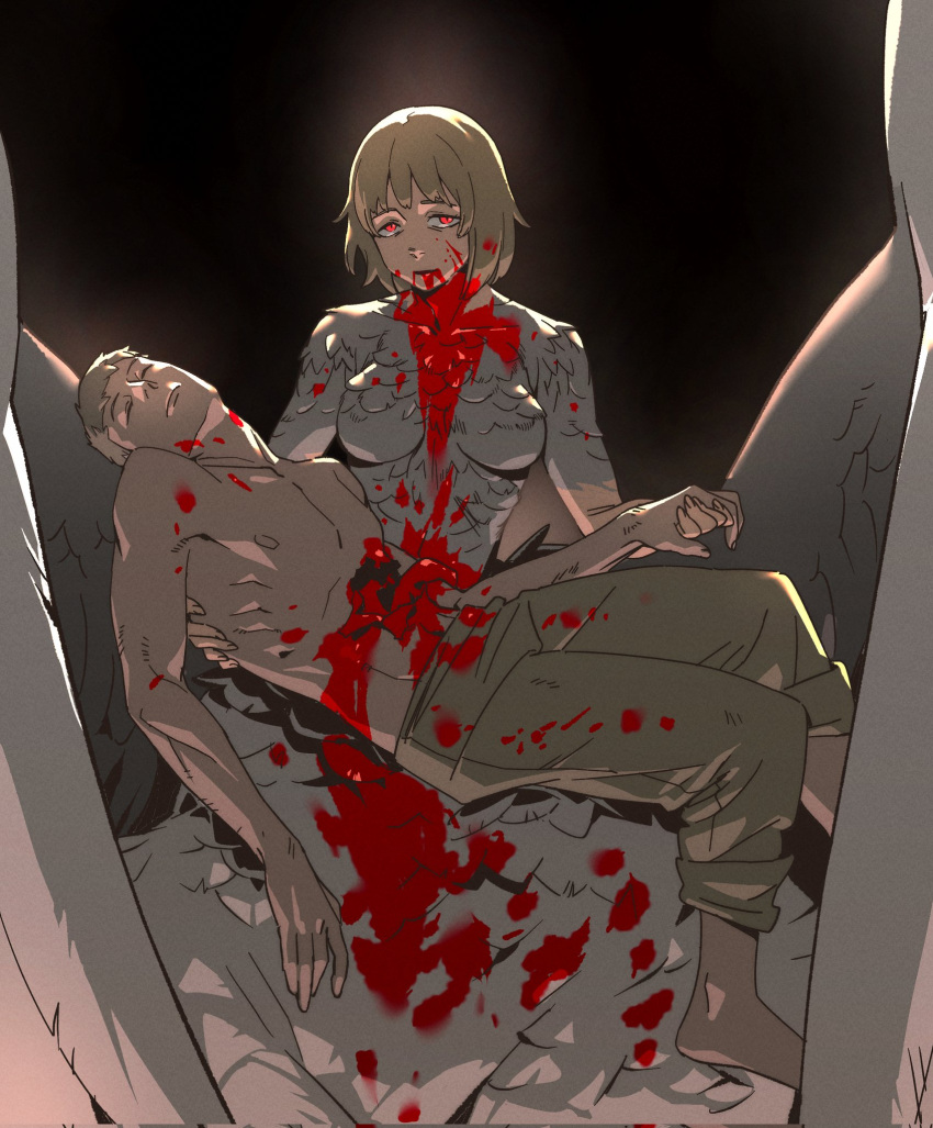 1boy 1girl barefoot black_background bleeding blonde_hair blood blood_in_hair blood_on_clothes blood_on_face brother_and_sister brown_pants chinese_commentary closed_eyes collarbone commentary corrupted_twitter_file deep_wound dungeon_meshi entrails expressionless falin_touden falin_touden_(chimera) feathered_wings feathers glowing glowing_eyes hand_on_another's_back highres holding_hands hole_in_chest hole_on_body injury ju_neng_binggui laios_touden looking_at_viewer lying lying_on_lap monster_girl on_back organs pants red_eyes short_hair siblings simple_background slit_pupils taur topless_male twins unconscious wings