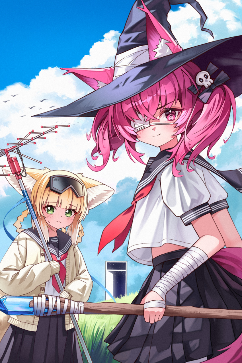 2girls absurdres animal_ear_fluff animal_ears antenna_mast arknights bandaged_arm bandages black_bow black_hat black_sailor_collar black_skirt blonde_hair blue_sky blush bow braid brown_cardigan cardigan chuunibyou closed_mouth cloud cloudy_sky commentary_request crystal day ears_through_headwear eyepatch fox_ears fox_girl fox_tail goggles goggles_on_head green_eyes hair_bow hair_ornament hair_rings hat highres long_sleeves medical_eyepatch multiple_girls neckerchief open_cardigan open_clothes outdoors pink_hair pleated_skirt puffy_long_sleeves puffy_short_sleeves puffy_sleeves purple_eyes red_neckerchief sailor_collar school_uniform serafuku shamare_(arknights) shirt short_sleeves skirt skull_hair_ornament sky sleeves_past_fingers sleeves_past_wrists smile suzuran_(arknights) sweat tail twin_braids twintails wavy_mouth white_shirt witch_hat zhengqi_zhizi_sg