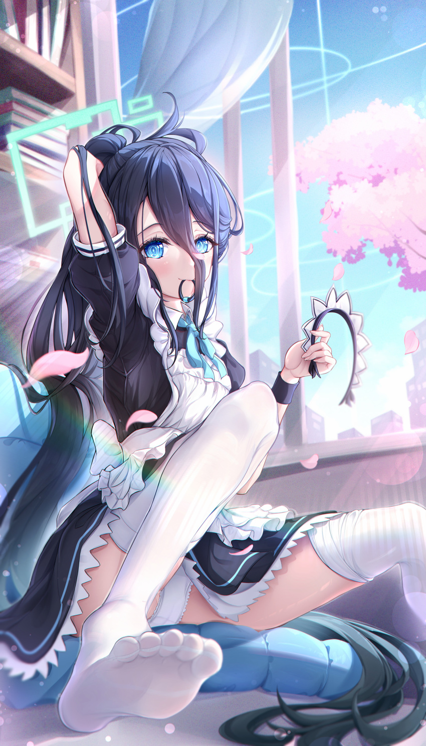 1girl absurdly_long_hair absurdres adjusting_hair apron aris_(blue_archive) aris_(maid)_(blue_archive) black_dress black_hair blue_archive blue_eyes blush book cherry_blossoms closed_mouth dress feet fingernails frilled_apron frills green_halo halo highres long_hair looking_at_viewer maid maid_apron mouth_hold norimori official_alternate_costume panties petals puffy_sleeves ringed_eyes smile soles solo thighhighs toes underwear very_long_hair white_apron white_panties white_thighhighs