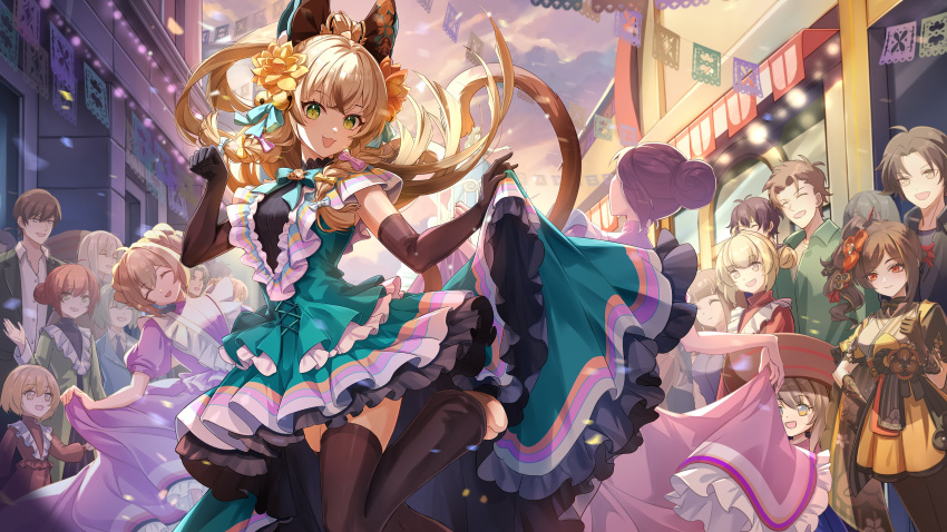 6+boys 6+girls absurdres animal_ears black_gloves black_thighhighs bow brown_hair cat_ears cat_girl cat_tail chiori_(genshin_impact) closed_mouth crossed_bangs dress elbow_gloves floating_hair flower genshin_impact gloves green_bow green_dress green_eyes hair_between_eyes hair_bow hair_flower hair_ornament hand_on_own_hip hand_up highres kirara_(genshin_impact) light_brown_hair long_hair looking_at_another looking_at_viewer multicolored_hair multiple_boys multiple_girls nekomata official_art open_mouth red_eyes short_sleeves smile standing standing_on_one_leg streaked_hair tail thighhighs thumbs_up