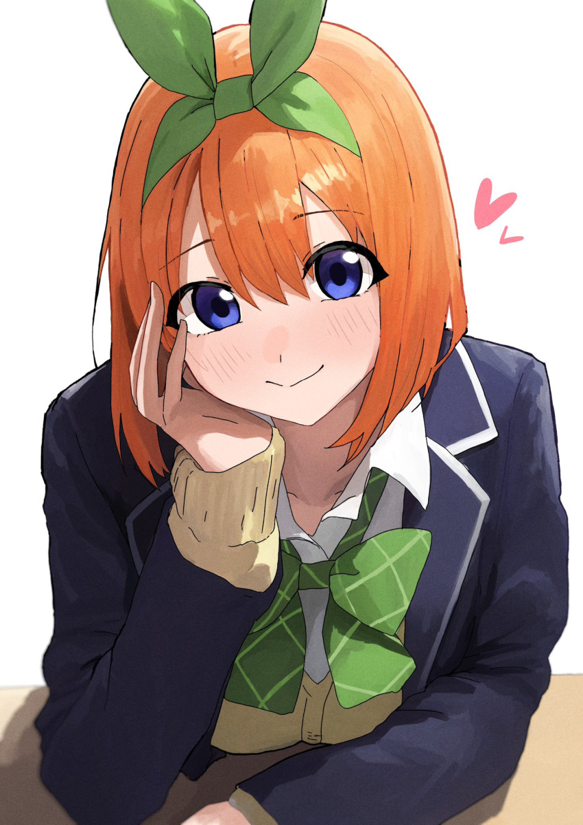 1girl blue_eyes blue_jacket cardigan commentary_request desk go-toubun_no_hanayome green_ribbon hair_ribbon hand_on_own_cheek hand_on_own_face head_rest heart highres jacket long_sleeves looking_at_viewer nakano_yotsuba orange_hair ribbon school_desk school_uniform shirt short_hair simple_background sitting smile solo tori_no_shigure_ni uniform white_background white_shirt yellow_cardigan