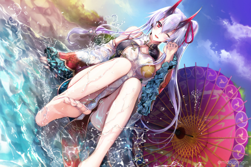 ;d bangs bare_legs barefoot blue_sky blush breasts china_dress chinese_clothes cloud commentary_request day detached_sleeves dress eyebrows_visible_through_hair fate/grand_order fate_(series) feet frilled_sleeves frills grey_hair hair_between_eyes hair_ribbon hand_up heroic_spirit_traveling_outfit highres knees_up large_breasts long_hair long_sleeves mintes one_eye_closed oni_horns open_mouth oriental_umbrella outdoors pink_ribbon red_eyes ribbon river shiny shiny_hair side_ponytail sitting sky smile soles solo splashing sunlight toenails toes tomoe_gozen_(fate/grand_order) umbrella very_long_hair water wet white_dress wide_sleeves