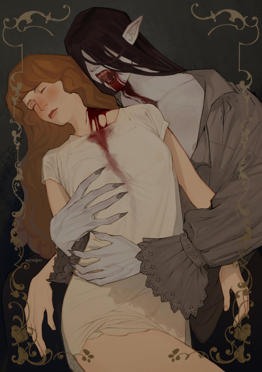 2girls biting black_hair blood blood_from_mouth breasts brown_hair carmilla_(novel) carmilla_(novel)_(character) cleavage closed_eyes fang fangs fingernails frilled_sleeves frills hair_over_eyes highres long_hair multiple_girls mynqzo neck_biting pointy_ears sharp_fingernails vampire
