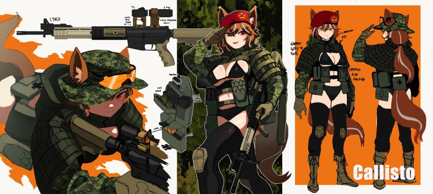 1girl absurdres ammunition_pouch animal_ears assault_rifle belt_pouch benditnow beret bikini black_thighhighs boots breasts brown_gloves brown_hair camouflage cleavage explosive eyewear_on_head fox_ears fox_girl fox_tail full_body glasses gloves grenade gun hat highres holding holding_gun holding_weapon hood hood_down knee_pads large_breasts looking_at_viewer lying military military_uniform multicolored_hair multiple_views navel on_stomach orange-tinted_eyewear original pouch red_eyes reference_sheet rifle salute scope short_hair smile strap streaked_hair swimsuit tail thighhighs tinted_eyewear uniform weapon