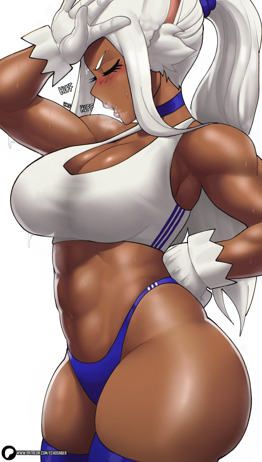 1girl absurdres bare_shoulders blue_choker blue_thighhighs boku_no_hero_academia breasts choker cleavage closed_eyes commentary cowboy_shot crop_top dark_skin echo_saber english_commentary gloves highres large_breasts midriff mirko navel simple_background solo sports_bra standing stomach sweat thick_thighs thighhighs thighs white_background white_gloves white_hair