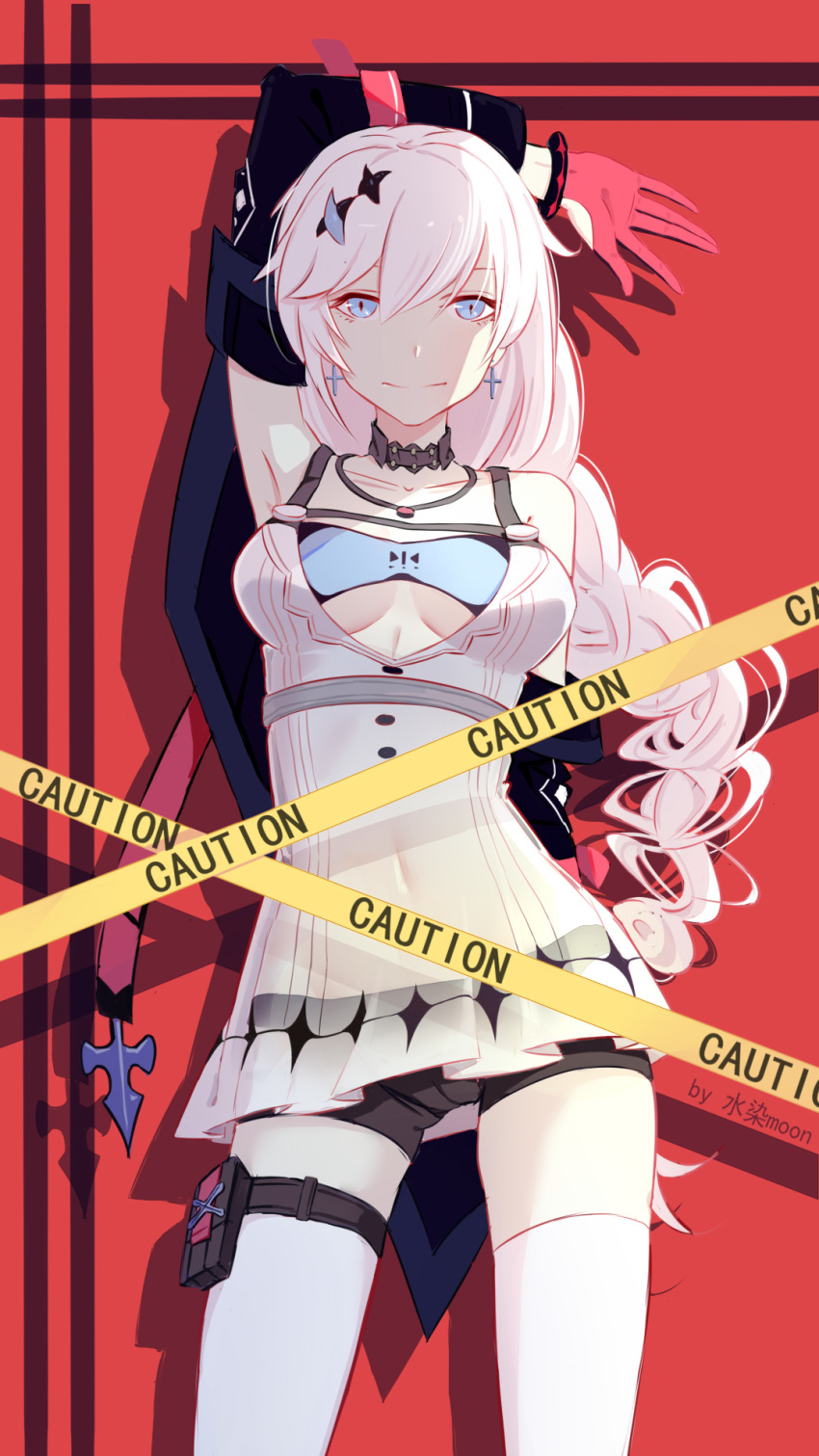 alternate_costume arm_behind_back arm_behind_head armpits artist_name bangs bare_shoulders belt blue_bra blue_eyes bra braid breasts caution_tape choker closed_mouth commentary_request cowboy_shot cross cross_earrings diamond_(shape) dress earrings gloves hair_between_eyes hair_ornament highres hip_vent honkai_impact jacket jewelry kallen_kaslana large_breasts long_hair looking_at_viewer necklace off_shoulder see-through short_shorts shorts silver_hair sin_hunter smile solo thigh_pouch underwear user_hcdm8542 white_legwear