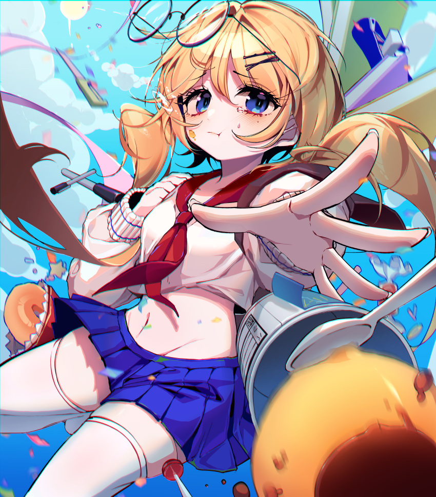 1girl :t absurdres blonde_hair blue_eyes blush candy cloud confetti cropped_shirt food groin hair_between_eyes highres lollipop long_hair long_sleeves midriff modohwa mole mole_under_eye navel neckerchief original pout pudding reaching red_neckerchief sun tears thighhighs twintails unworn_eyewear white_thighhighs