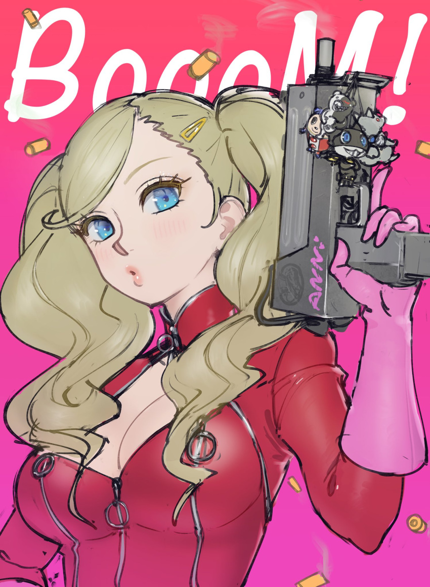 :o blonde_hair blue_eyes breast_zipper breasts character_name charm_(object) cleavage cleavage_cutout clothing_cutout english_text gloves gradient_background gun hair_ornament hairclip highres holding holding_weapon large_breasts light_blush long_sleeves looking_at_viewer monokuma morgana_(persona_5) no_mask parted_lips persona persona_5 pink_background pink_gloves poechan_chan shell_casing simple_background smoke smoking_gun sound_effects submachine_gun takamaki_anne trigger_discipline twintails upper_body weapon zipper_pull_tab