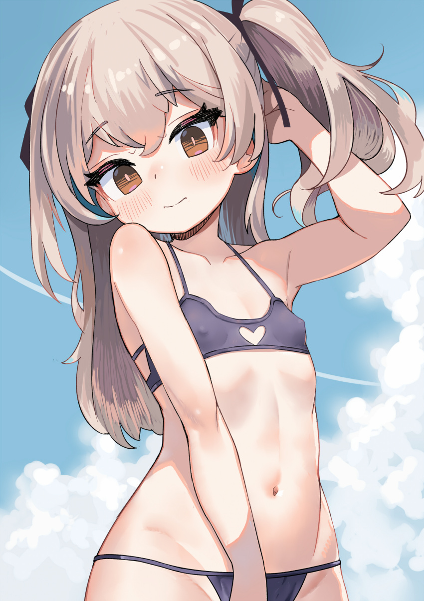 1girl absurdres bikini black_ribbon blue_bikini blue_sky breasts brown_eyes closed_mouth cloud cloudy_sky contrail covered_nipples day frown girls_und_panzer groin hair_ribbon halterneck hand_in_own_hair head_tilt highres light_brown_hair long_hair looking_at_viewer monomono navel one_side_up outdoors ribbon shimada_arisu sky small_breasts solo standing string_bikini swimsuit