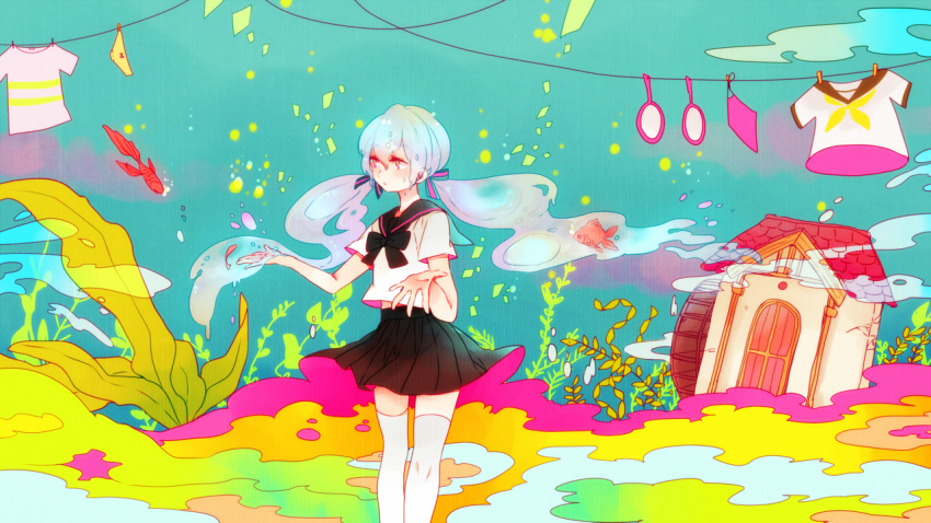 1girl algae aqua_hair black_sailor_collar black_shirt blue_hair bottle_miku closed_mouth clothesline door fish hair_ribbon hatsune_miku house liquid_hair long_hair multicolored_background open_hands pekikokko psychedelic ribbon sailor_collar school_uniform serafuku shirt skirt solo standing thighhighs twintails unworn_shirt very_long_hair vocaloid white_shirt white_thighhighs