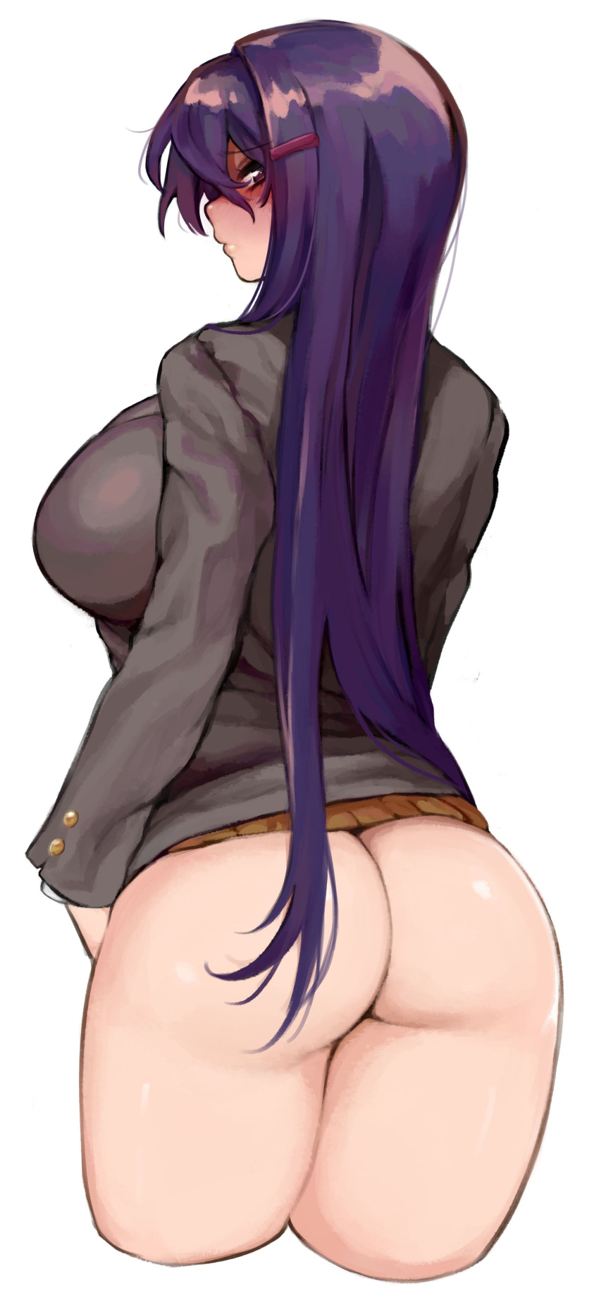 1girl absurdres ass blush breasts closed_mouth cropped_legs doki_doki_literature_club grey_shirt highres large_breasts long_hair long_sleeves looking_at_viewer looking_back otxoa60 purple_hair school_uniform shirt simple_background skirt solo standing white_background yuri_(doki_doki_literature_club)