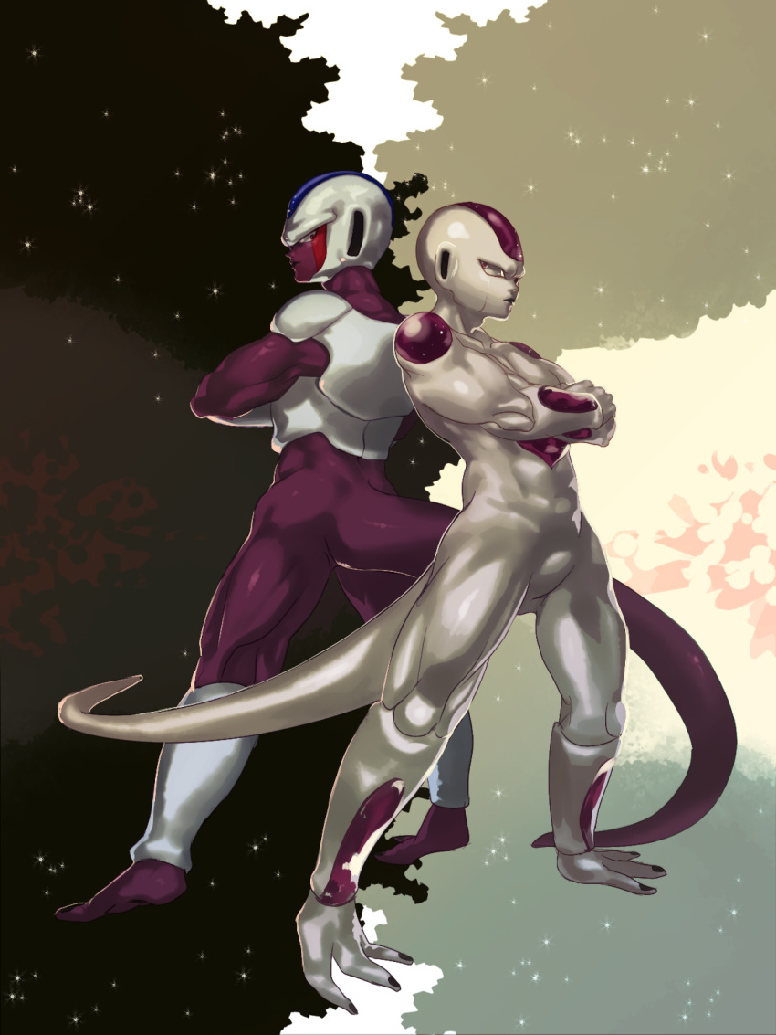 back-to-back black_background brothers cooler_(dragon_ball) crossed_arms dragon_ball dragon_ball_z expressionless frieza full_body grey_background height_difference highres looking_at_another looking_back male_focus mayo_cha multicolored multicolored_background multiple_boys profile serious siblings standing star star_(sky) starry_background tail white_background