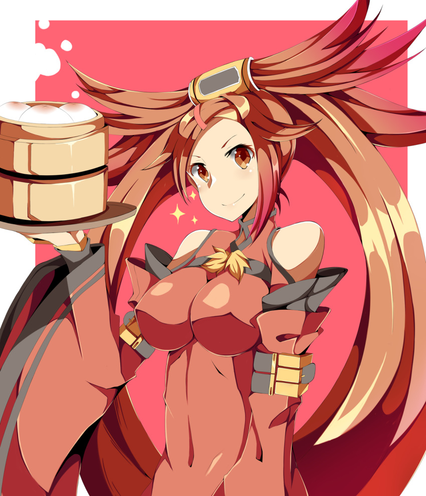 1girl breasts brown_eyes brown_hair chinese_clothes guilty_gear hair_ornament hairclip kuradoberi_jam large_breasts long_sleeves looking_at_viewer navel nipples shoulder_cutout smile solo sparkle steamed_buns wide_sleeves
