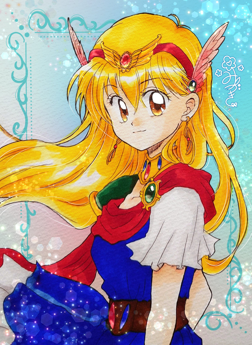 1990s_(style) 1girl absurdres akazukin_chacha aqua_background belt blonde_hair blue_dress brown_eyes chacha_(akazukin_chacha) closed_mouth dress earrings fukatsuki_mizuki gradient_background hair_ornament hairband highres jewelry light_particles long_hair looking_at_viewer magical_princess painting_(medium) retro_artstyle scarf smile solo traditional_media watercolor_(medium)