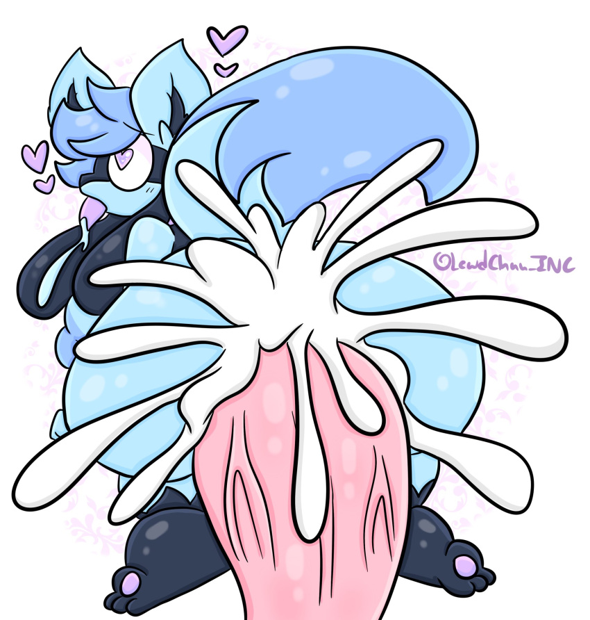 anthro big_penis blue_body bodily_fluids breasts butt cum cum_inside ejaculation female generation_4_pokemon genital_fluids genitals heart_symbol hi_res huge_penis lewdchuu_(artist) nintendo penetration penis pokemon pokemon_(species) pyon_(lewdchuu) riolu solo tail tongue tongue_out