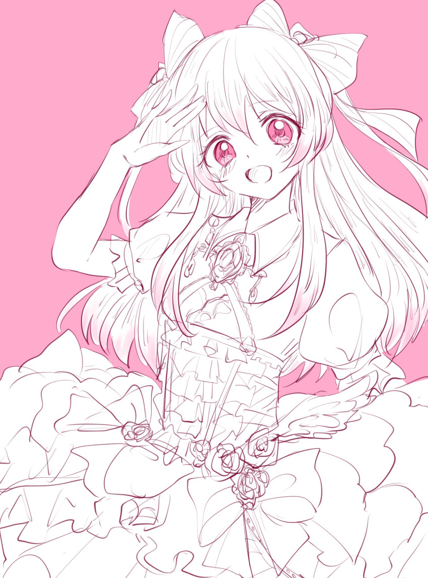 1girl blush chaos_marie_(grimms_notes) cleavage_cutout clothing_cutout dress flowinghope frills grimms_notes hair_ribbon hair_spread_out highres jewelry long_hair monochrome necklace open_mouth pendant pink_background puffy_short_sleeves puffy_sleeves ribbon short_sleeves simple_background sketch solo