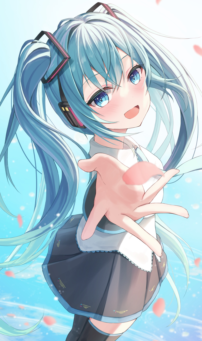 1girl :d absurdres aqua_eyes black_skirt black_thighhighs blurry blush collared_shirt commentary cowboy_shot crossed_bangs depth_of_field eyelashes falling_petals floating_hair foreshortening from_side gradient_background green_hair grey_shirt hair_between_eyes hair_intakes happy hatsune_miku headphones highres hutaba_miyagi light_blue_background light_particles long_hair looking_at_viewer miku_day miniskirt open_mouth outstretched_arm petals pleated_skirt shirt simple_background skirt smile solo thighhighs tsurime twintails very_long_hair vocaloid white_background zettai_ryouiki