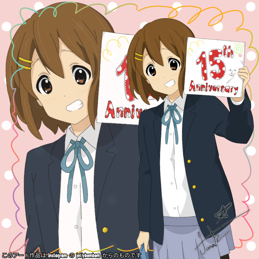 1girl anime_coloring anniversary artist_name blue_skirt brown_eyes brown_hair hair_ornament hairpin highres hirasawa_yui jel.iybombom k-on! non-web_source official_style school_uniform skirt zoom_layer