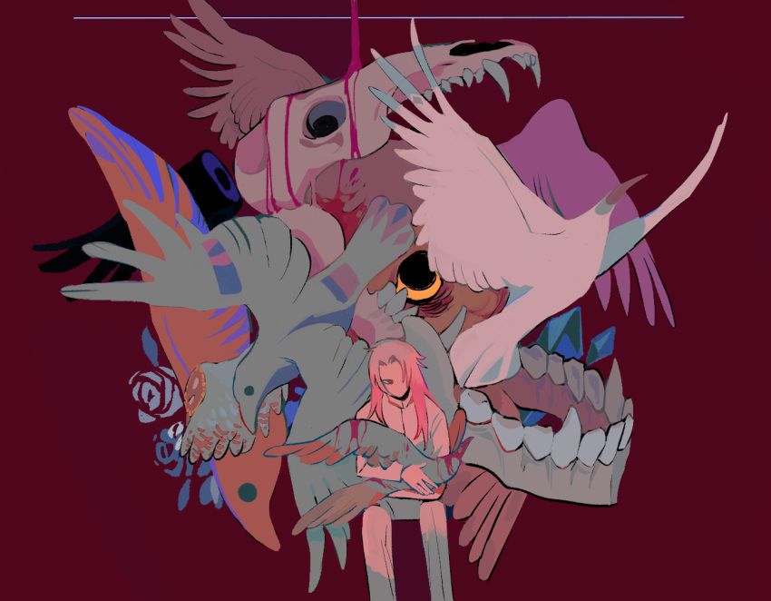 1boy animal animal_skull bird blood chinese_commentary commentary_request full_body hands_up holding holding_animal holding_bird jacket long_hair long_sleeves looking_at_viewer male_focus original pants pink_hair red_background red_eyes simple_background sitting solo yulei_yuuuuu