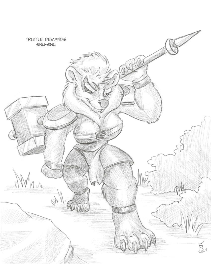 2024 alternate_species anthro armor bottomwear claws clothing dialogue english_text female flinters fur gnoll hair hammer hi_res hyena loincloth mammal outside plant shrub solo text tools truttle_(character) warhammer