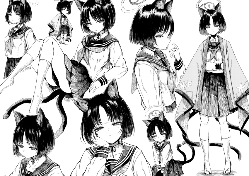 1girl absurdres animal_ears blue_archive cat_ears cat_tail greyscale halo hand_on_own_cheek hand_on_own_face haruyukiko highres kikyou_(blue_archive) long_sleeves monochrome multiple_tails multiple_views neckerchief pleated_skirt sailor_collar sandals school_uniform serafuku short_hair simple_background sitting skirt socks standing tail white_background