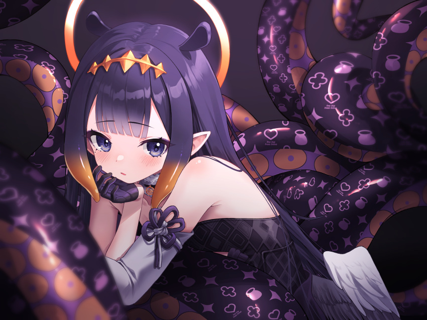 1girl bare_shoulders black_dress black_eyes black_gloves black_hair blunt_bangs blush center-flap_bangs detached_sleeves dress feathered_wings flat_chest fur-trimmed_collar fur_trim gloves gradient_hair gyoza_(pixiv17855879) half_gloves halo head_rest headpiece highres hololive hololive_english long_hair looking_at_viewer low_wings mole mole_under_eye multicolored_hair ninomae_ina'nis ninomae_ina'nis_(1st_costume) orange_hair parted_hair parted_lips pointy_ears sidelocks single_detached_sleeve solo strapless strapless_dress tentacle_hair tentacles tube_dress very_long_hair virtual_youtuber white_wings wings