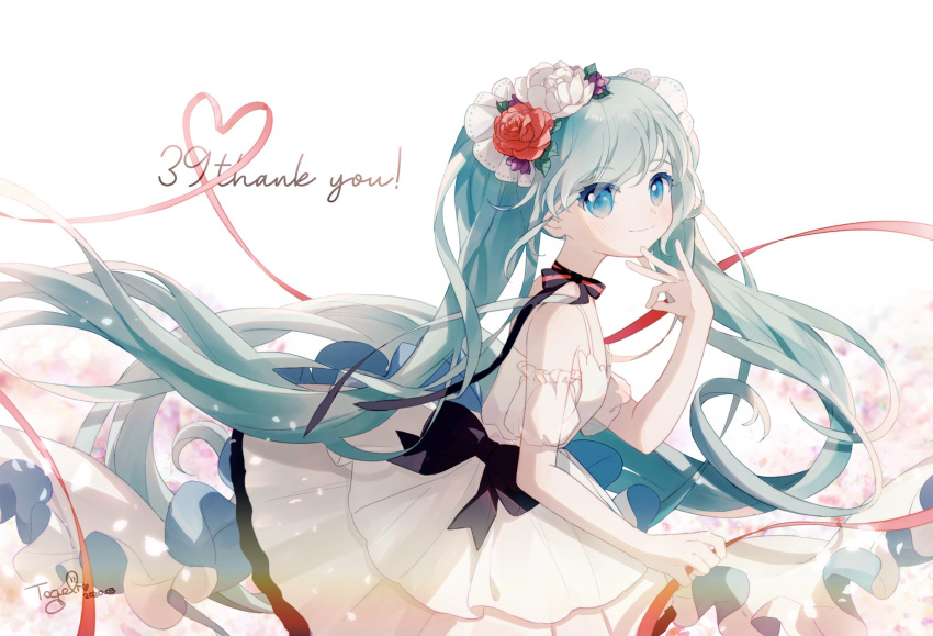 1girl 39 aqua_hair bare_shoulders black_bow black_choker blue_eyes bow bow_choker chinese_commentary choker closed_mouth commentary_request commission dated detached_sleeves dress dress_bow eyelashes floral_background flower frilled_sleeves frills hair_flower hair_ornament hand_on_own_chin hatsune_miku heart heart_of_string highres holding holding_ribbon indigopp light_blush light_particles long_hair looking_at_viewer ok_sign puffy_short_sleeves puffy_sleeves rainbow red_flower red_ribbon red_rose ribbon rose see-through see-through_sleeves short_dress short_sleeves signature single_stripe sleeveless sleeveless_dress smile solo spaghetti_strap striped_bow thank_you twintails very_long_hair vocaloid white_background white_dress white_flower white_rose white_sleeves