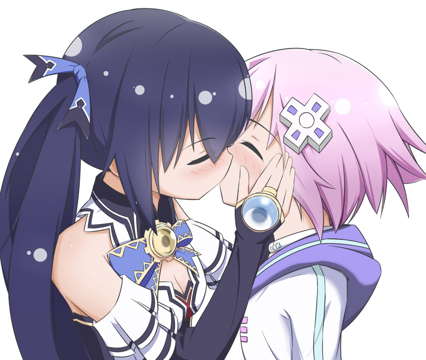 bangs bare_shoulders blush breasts bridal_gauntlets choujigen_game_neptune cleavage closed_eyes commentary_request d-pad d-pad_hair_ornament eyebrows_visible_through_hair hair_ornament hair_ribbon hand_on_another's_cheek hand_on_another's_face highres hood hood_down kiss long_hair medium_breasts miruzawa_akechi multiple_girls neptune_(choujigen_game_neptune) neptune_(series) noire purple_hair ribbon short_hair twintails yuri