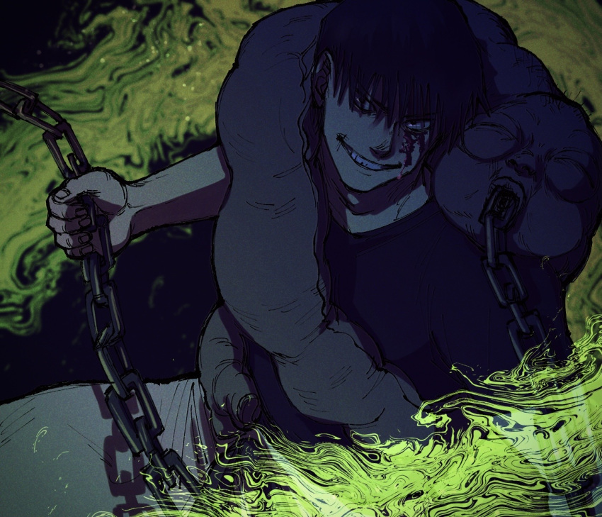 1boy artist_request black_hair blood blood_on_face chain cowboy_shot creature evil_grin evil_smile fighting_stance fushiguro_touji grin highres holding holding_weapon jujutsu_kaisen looking_at_viewer male_focus mature_male monster pectorals scar scar_on_face scar_on_mouth short_hair smile solo weapon