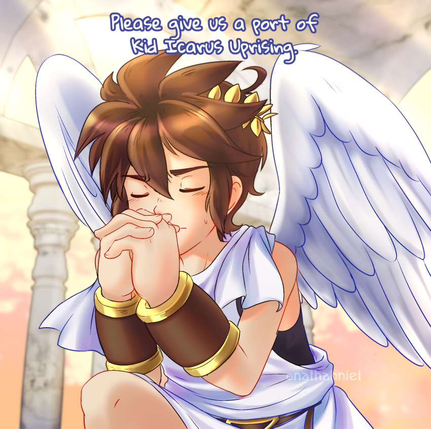 1boy ahoge angel angel_wings artist_name brown_hair closed_eyes highres kid_icarus kid_icarus_uprising laurel_crown male_focus nat_(nathaniel) own_hands_together pit_(kid_icarus) scarf solo sweat vambraces white_scarf wings