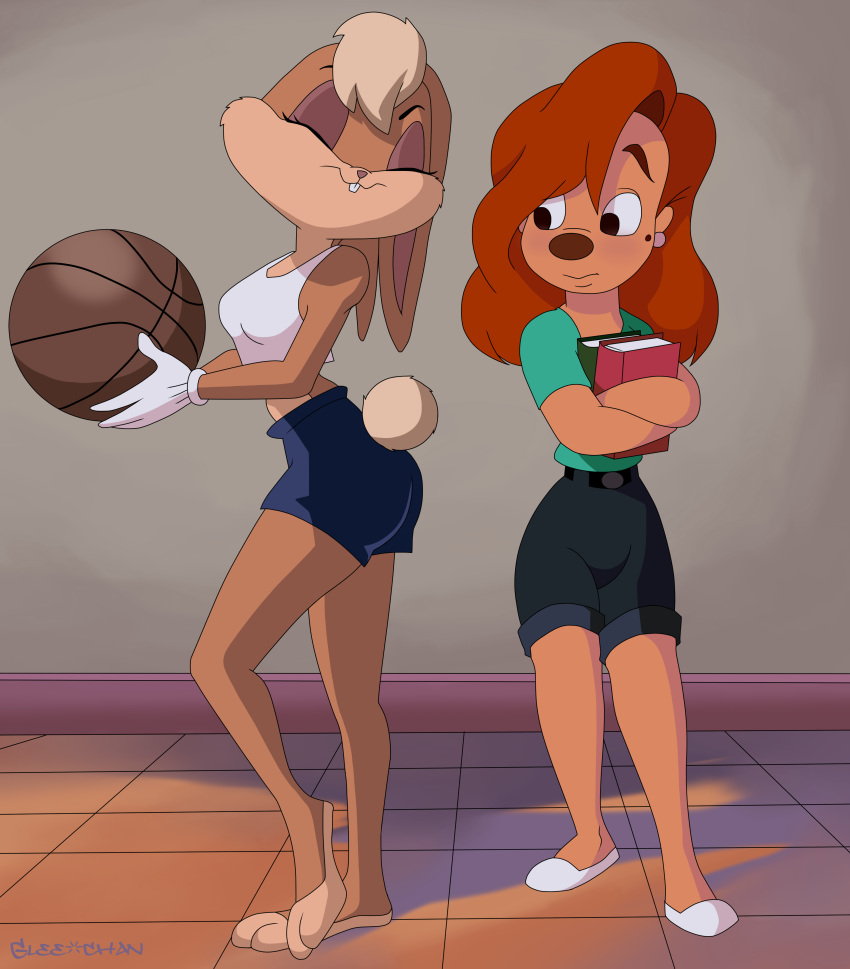 2018 absurd_res anthro ball basketball_(ball) beauty_mark book brown_nose canine clothed clothing crop_top crossed_arms crossover disney dog duo ear_piercing ears_down eyelashes eyes_closed female footwear fur glee-chan goof_troop hair hi_res holding_ball holding_book holding_object inside lagomorph lola_bunny looking_at_another looney_tunes mammal midriff piercing rabbit red_hair roxanne_(goof_troop) shirt shoes shorts small_tail space_jam tan_fur warner_brothers white_gloves