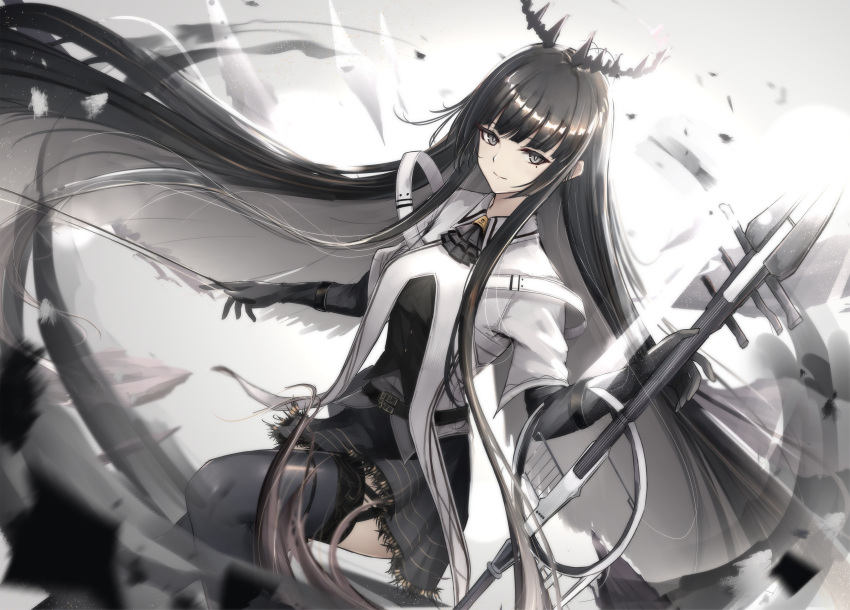 1girl absurdly_long_hair absurdres antenna_hair arknights ascot backlighting belt belt_buckle black_ascot black_belt black_garter_straps black_gloves black_hair black_halo black_skirt black_thighhighs bloom blunt_bangs blurry blurry_background blurry_foreground bow_(music) breasts bright_pupils broken_halo buckle bustier buttons cello closed_mouth collared_jacket colored_inner_hair commentary dark_halo day depth_of_field feet_out_of_frame floating floating_hair from_side garter_straps gloves grey_eyes grey_hair grey_shirt grey_sky halo hands_up highres hime_cut holding holding_bow_(music) holding_instrument instrument jacket knees lace-trimmed_skirt lace_trim layered_clothes layered_sleeves light_particles light_rays long_hair long_sleeves looking_at_viewer looking_to_the_side medium_breasts miniskirt mole mole_under_eye multicolored_hair outdoors pleated_skirt poni_(poni_arknights) shirt short-sleeved_jacket short_over_long_sleeves short_sleeves sidelocks skirt sky smile solo straight_hair strap sunbeam sunlight thighhighs thighs two-tone_hair untucked_shirt very_long_hair virtuosa_(arknights) white_jacket white_pupils wide_sleeves wing_collar zettai_ryouiki