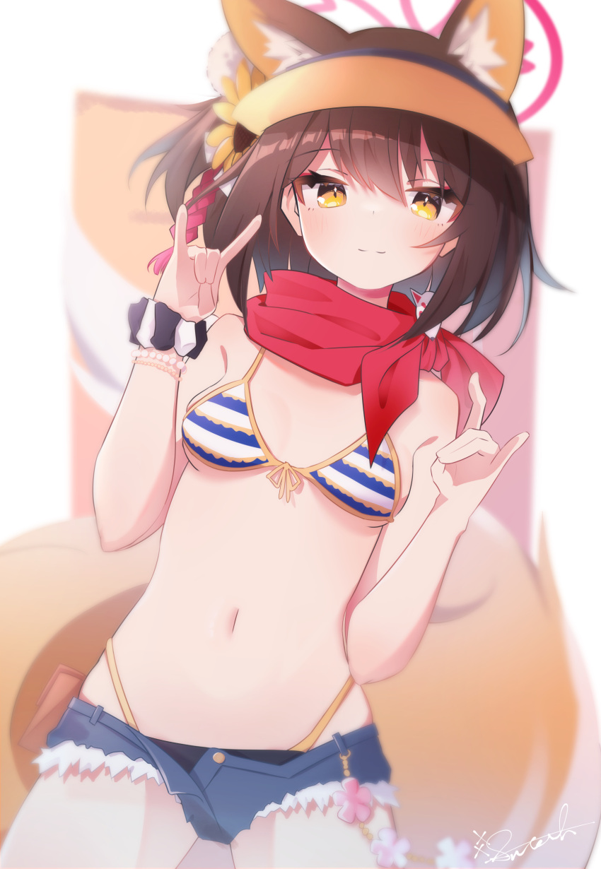 1girl absurdres animal_ears bead_bracelet beads bikini blue_archive blurry blurry_background blush bracelet breasts brown_hair closed_mouth cowboy_shot cutoffs dutch_angle flower fox_ears fox_girl fox_shadow_puppet fox_tail front-tie_bikini_top front-tie_top hair_flower hair_ornament halo hands_up highleg highleg_bikini highres izuna_(blue_archive) jewelry light_smile looking_at_viewer micro_shorts navel pom_pom_(clothes) red_halo red_scarf satoh_vrc scarf scrunchie shorts sign small_breasts solo stomach striped_bikini striped_clothes swimsuit tail white_background wrist_scrunchie yellow_eyes