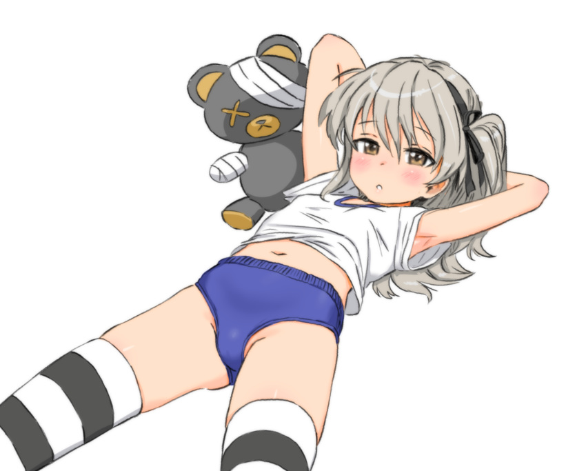 armpits ass_visible_through_thighs blue_buruma blush boko_(girls_und_panzer) brown_eyes buruma flat_chest girls_und_panzer grey_hair groin gym_uniform highres kiriririn long_hair navel open_mouth shimada_arisu shirt simple_background skindentation solo striped striped_legwear stuffed_animal stuffed_toy teddy_bear thighhighs white_background white_shirt