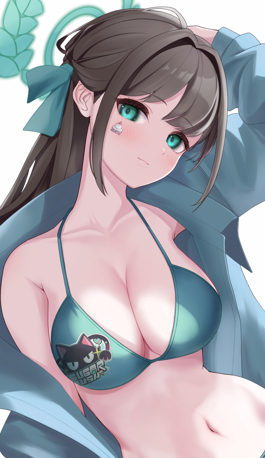 1girl absurdres airi_(blue_archive) alternate_costume aqua_coat armpit_crease armpits bikini blue_archive blush breasts brown_hair cleavage coat collarbone green_eyes hair_intakes hair_ribbon halo highres light_smile logo looking_at_viewer medium_breasts naval_cat_holiday navel print_bikini revision ribbon simple_background solo stomach swimsuit upper_body white_background
