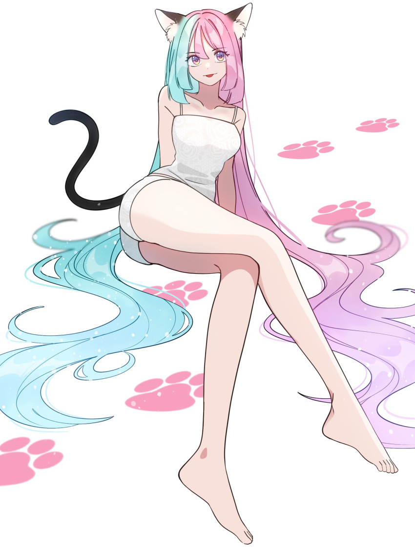 1girl alternate_costume animal_ears blue_hair cat_ears cat_tail full_body hair_flowing_over highres iono_(pokemon) kana_(kanna_runa0620) long_hair multicolored_eyes multicolored_hair paw_print pink_hair pokemon simple_background solo tail tongue tongue_out two-tone_hair white_background