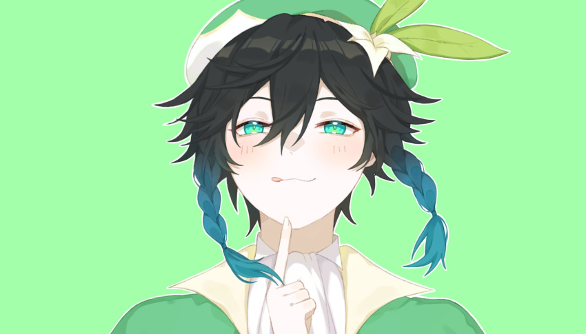 1boy aqua_eyes beret black_hair blue_hair blush braid cape closed_mouth collared_cape collared_shirt english_commentary fingernails flower genshin_impact gradient_hair green_background green_cape green_hat hair_between_eyes hand_up hat hat_flower hat_ornament highres index_finger_raised kyou_0120 leaf_hat_ornament long_fingernails looking_at_viewer male_focus multicolored_hair shirt short_hair simple_background smile smug solo standing tongue tongue_out twin_braids upper_body venti_(genshin_impact) white_flower white_shirt wing_collar