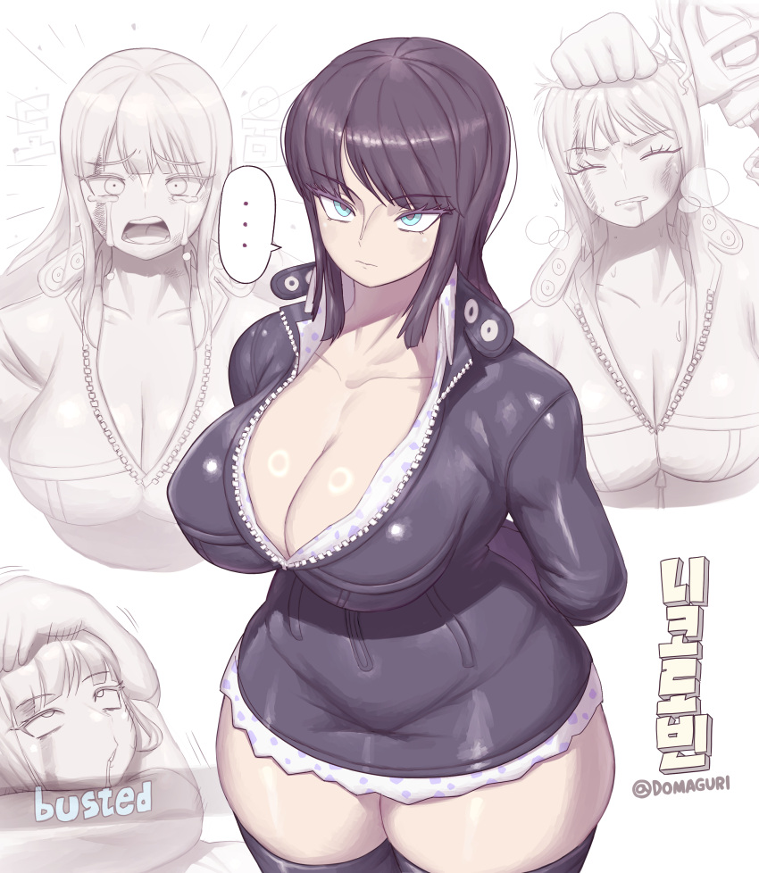 ... 1boy 1girl absurdres artist_name black_dress black_footwear black_hair blue_eyes boots breasts cleavage closed_eyes collarbone crying crying_with_eyes_open domaguri dress english_text highres large_breasts leather_dress long_hair multiple_views nico_robin one_piece open_mouth partially_unzipped short_dress solo_focus spandam speech_bubble tears thigh_boots