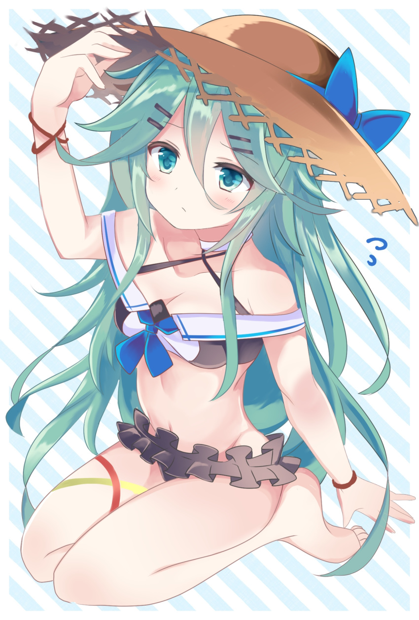 bangs bare_shoulders barefoot bikini black_bikini breasts cleavage commentary fathom frilled_bikini_bottom green_eyes green_hair hair_between_eyes hair_down hair_ornament hairclip hat highres kantai_collection long_hair looking_up navel parted_bangs seiza sitting small_breasts solo straw_hat swimsuit yamakaze_(kantai_collection)