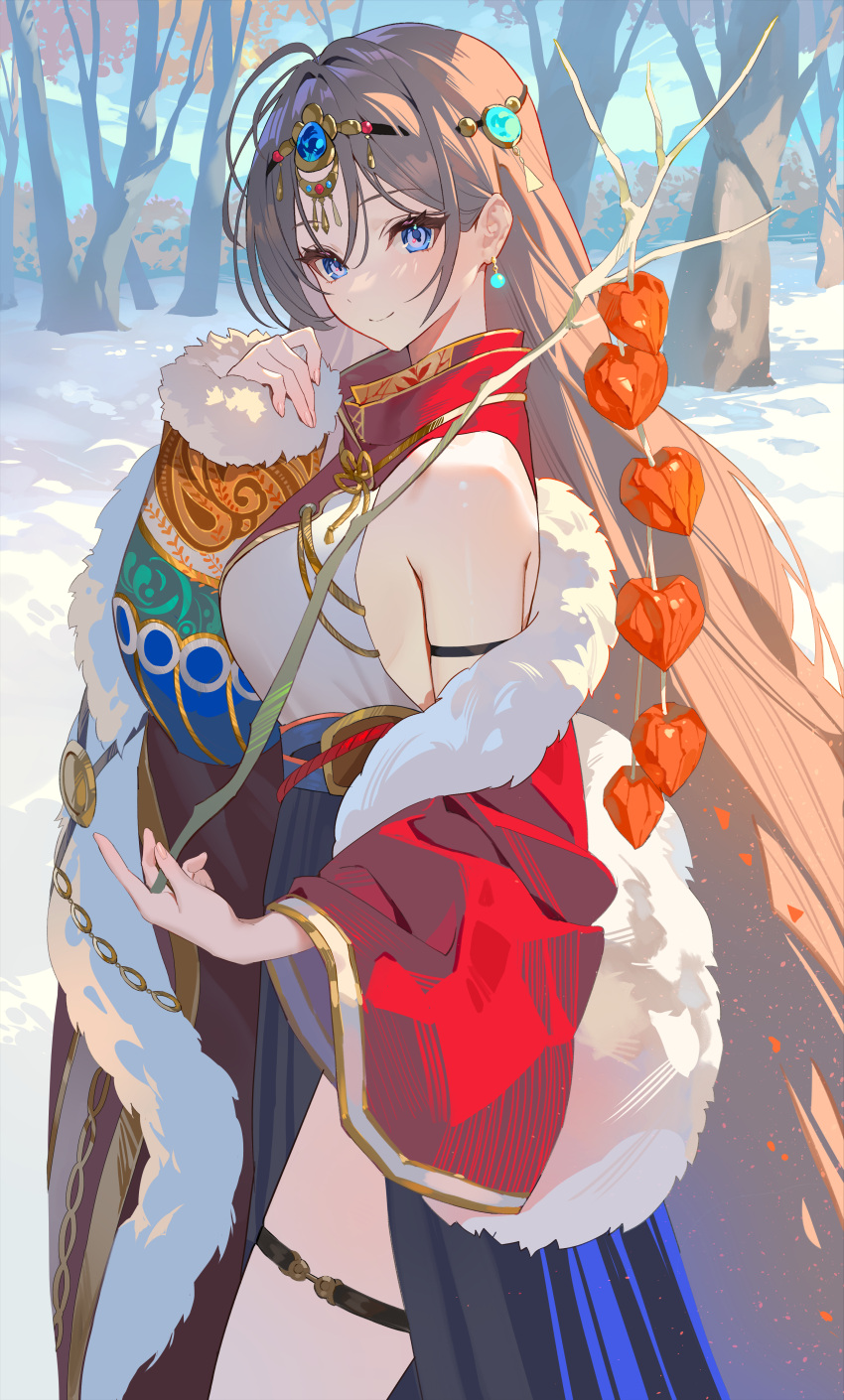 1girl absurdres arm_strap bare_shoulders blue_eyes blue_skirt blue_sky branch breasts brown_hair cowboy_shot day fur-trimmed_jacket fur_trim hair_between_eyes hair_intakes hair_ornament hand_up high-waist_skirt highres holding holding_branch jacket light_blush long_hair looking_at_viewer medium_breasts original outdoors red_jacket shirt sideboob skirt sky smile snow solo teffish thigh_strap thighs three_quarter_view tree very_long_hair white_shirt