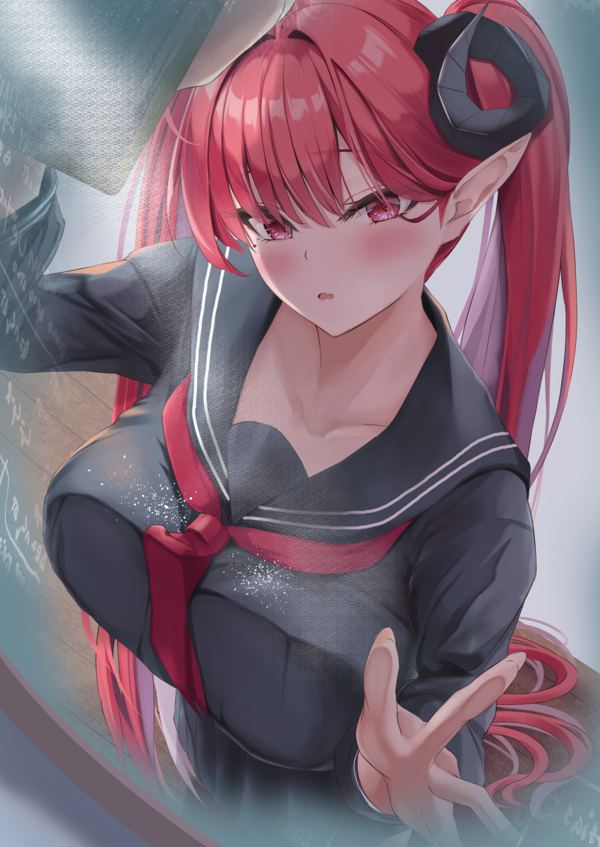 1girl absurdres azur_lane black_horns black_sailor_collar black_serafuku black_shirt black_skirt blush breast_press breasts collarbone commentary cosplay curled_horns demon_girl demon_horns formidable_(azur_lane) formidable_(azur_lane)_(cosplay) formidable_(the_lover's_heart_flutters_on_duty)_(azur_lane) highres hindenburg_(azur_lane) horns large_breasts long_hair looking_at_viewer pointy_ears red_eyes red_hair sailor_collar school_uniform serafuku shirt skirt solo spekkio36 symbol-only_commentary twintails very_long_hair