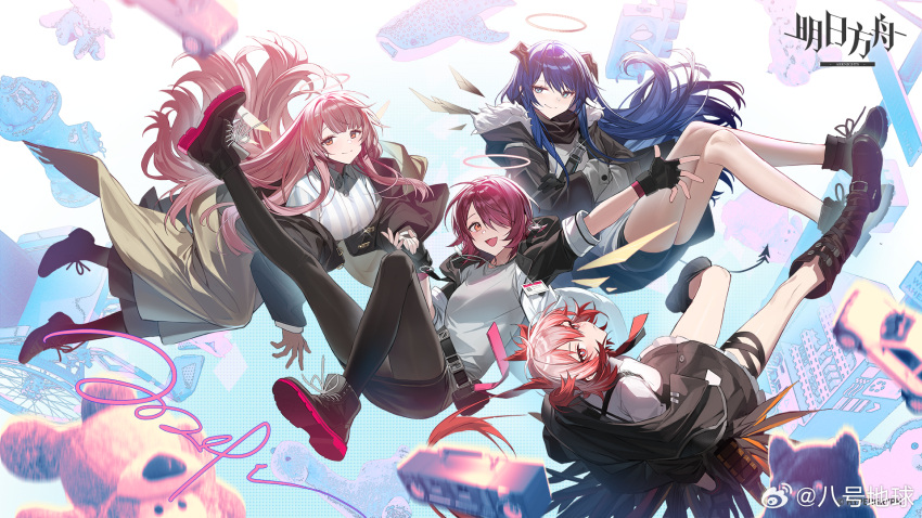 4girls arknights arm_up bahao_diqiu belt black_belt black_footwear black_gloves black_skirt blue_hair boots closed_mouth cross-laced_footwear exusiai_(arknights) fiammetta_(arknights) fingerless_gloves full_body gloves hair_over_one_eye halo highres jacket lemuen_(arknights) long_hair long_sleeves looking_at_viewer mostima_(arknights) multiple_girls official_art open_clothes open_jacket open_mouth pink_hair red_eyes red_hair shirt short_hair skirt smile white_shirt