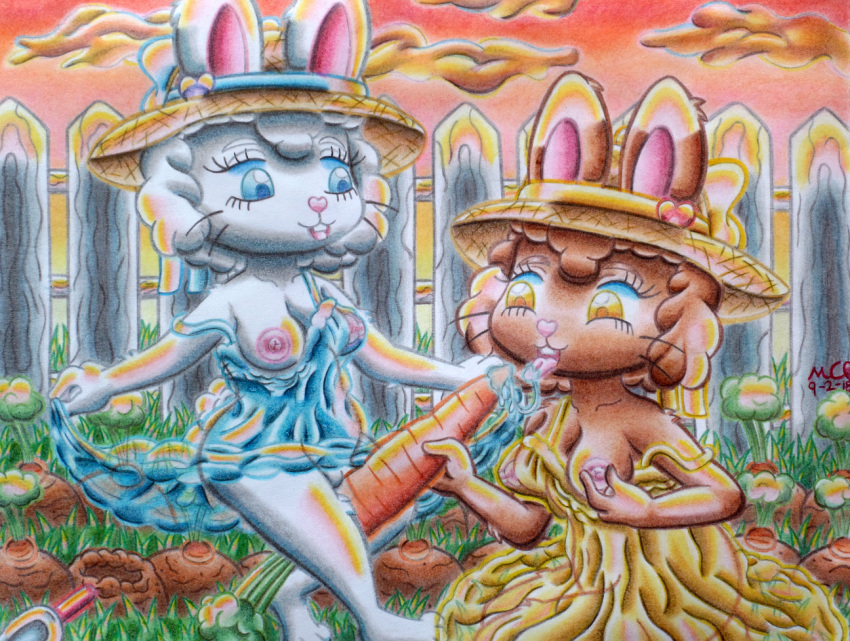 2018 backyard blue_eyes bow brown_fur carrot cinnamon clothing cloud curtsey evening female female/female fence fluffy fluffy_tail food fur garden grass happy hat incest kneeling lagomorph mammal mukucookie nipple_pinch nipples one_breast_out open_mouth outside pinch pink_nose pink_tongue pussy rabbit ribbons saliva saliva_string shovel sibling sisters smile straw_hat sugar suggestive suggestive_food sundress sunset tongue tongue_out traditional_media_(artwork) translucent trowel twincest twins vegetable whiskers white_fur yellow_eyes