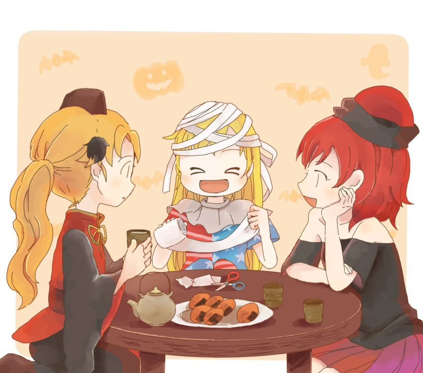 &gt;_&lt; :d alternate_hairstyle bandaged_head bandages bare_shoulders bat black_dress black_hat black_shirt blonde_hair closed_eyes clownpiece commentary cup dress halloween hat hecatia_lapislazuli highres holding holding_cup jack-o'-lantern junko_(touhou) long_hair long_sleeves miniskirt multicolored multicolored_clothes multicolored_skirt multiple_girls neck_ruff off-shoulder_shirt open_mouth plate polos_crown ponytail red_hair rome35793562 scissors shirt sitting skirt smile star star_print striped t-shirt tabard table teapot toilet_paper touhou wide_sleeves xd yunomi