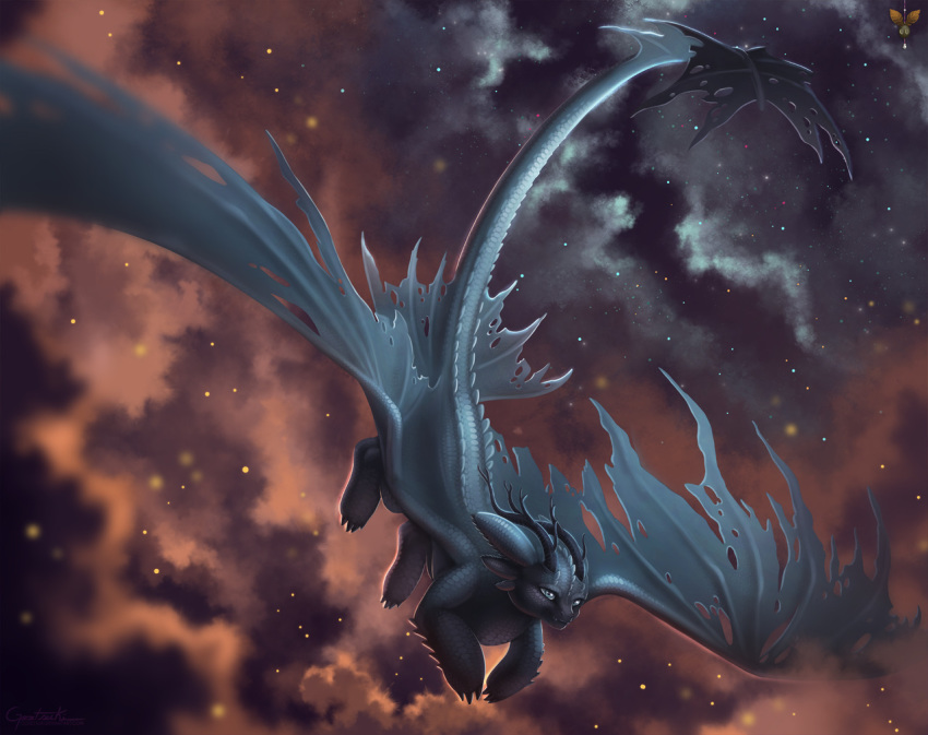 2018 blue_eyes claws day digital_media_(artwork) dragon gosetsuki how_to_train_your_dragon implied_fire membranous_wings night_fury outside spines wings