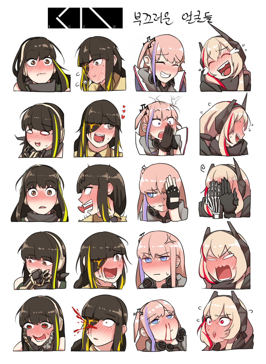 absurdres angry anti-rain_(girls_frontline) blood blush closed_eyes commentary_request eyepatch face girls_frontline highres laughing m16a1_(girls_frontline) m4_sopmod_ii_(girls_frontline) m4a1_(girls_frontline) multiple_girls nosebleed sd_bigpie shy st_ar-15_(girls_frontline)